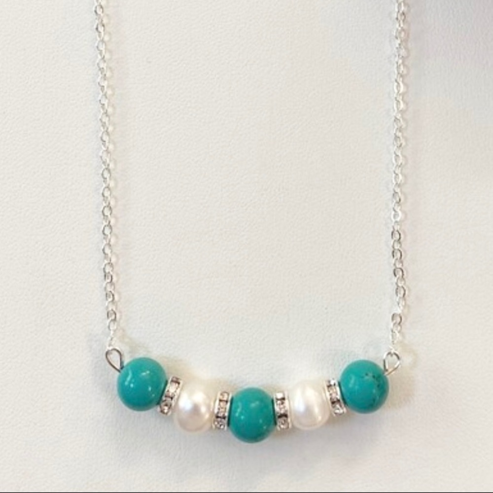 Real Pearl & Turquoise Necklace Silver Plated